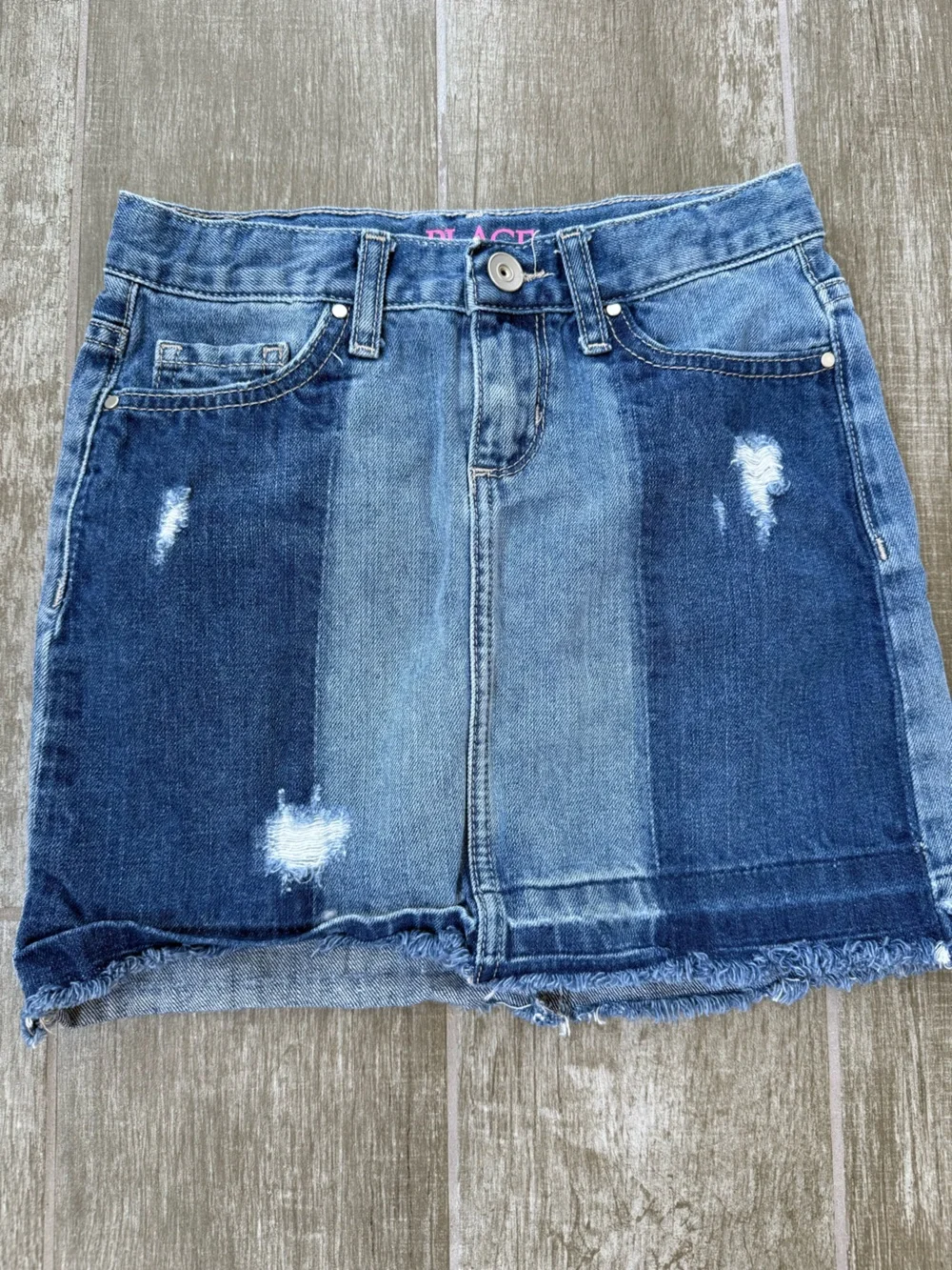 The Children's Place Denim Patchwork Destroyed Girls 6x/7 Frayed Skirt
